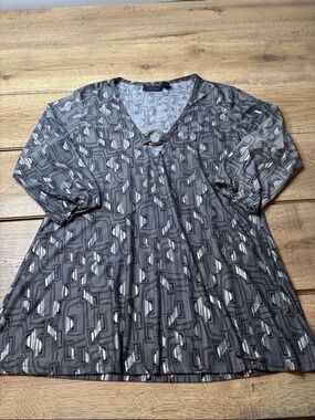 Women’s Diva Blue Gray Geometric V-Neck Tunic with Ring Detail Size 1X